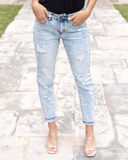 New Distressed Girlfriend Denim in Stone Wash - FINAL SALE