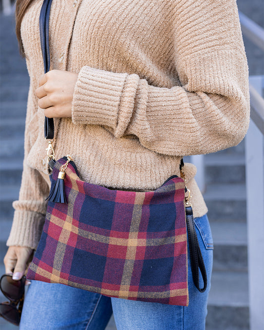 Plaid Flannel Crossbody Bag in Navy/Wine - FINAL SALE