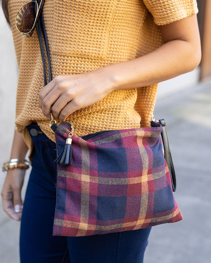 Plaid Flannel Crossbody Bag in Navy/Wine - FINAL SALE