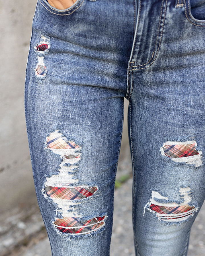 Plaid Patched Denim in Vintage Mid-Wash
