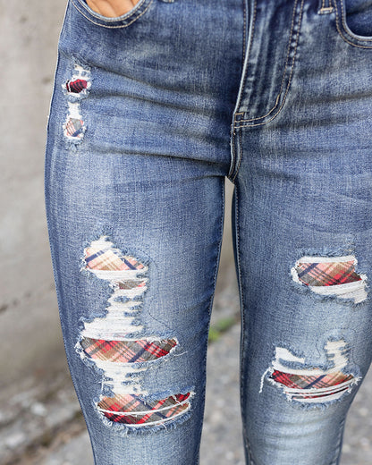 Plaid Patched Denim in Vintage Mid-Wash