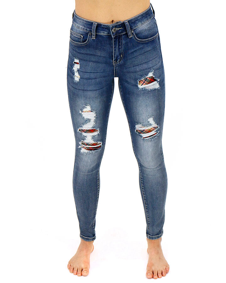 Plaid Patched Denim in Vintage Mid-Wash