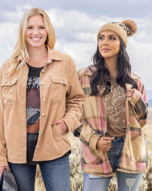 Reversible Corduroy Shacket in Camel/Pink Plaid