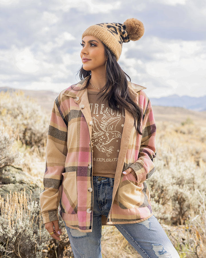 Reversible Corduroy Shacket in Camel/Pink Plaid