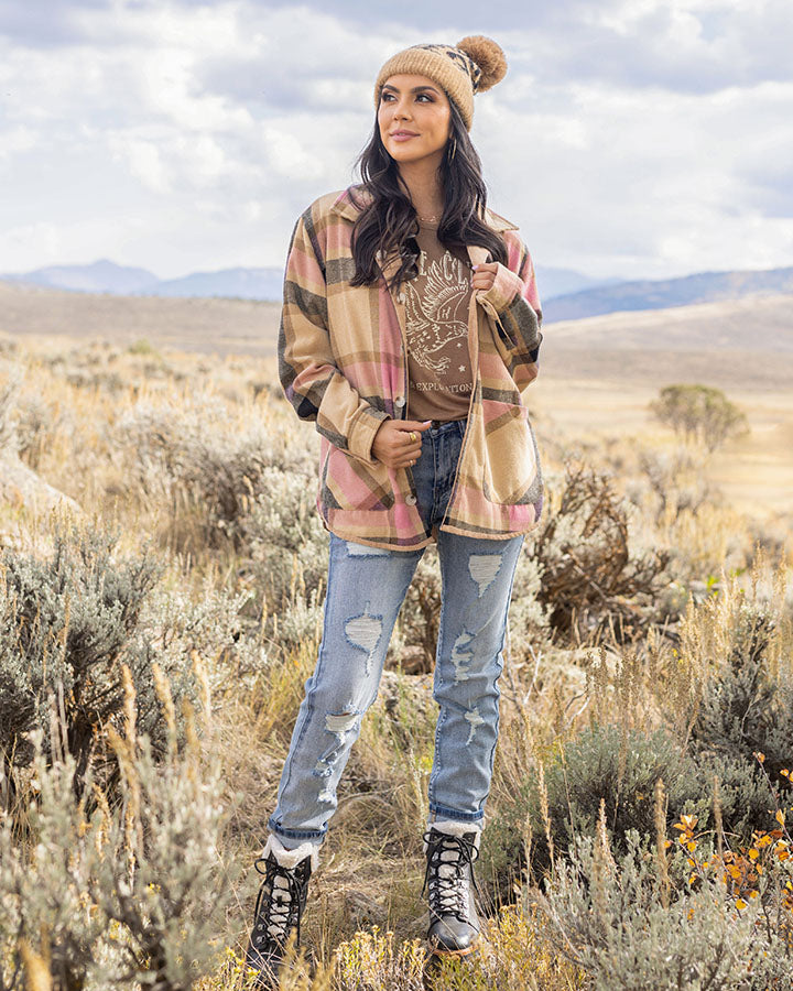 Reversible Corduroy Shacket in Camel/Pink Plaid