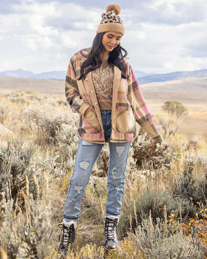 Reversible Corduroy Shacket in Camel/Pink Plaid