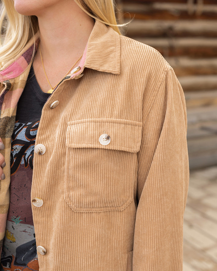 Reversible Corduroy Shacket in Camel/Pink Plaid