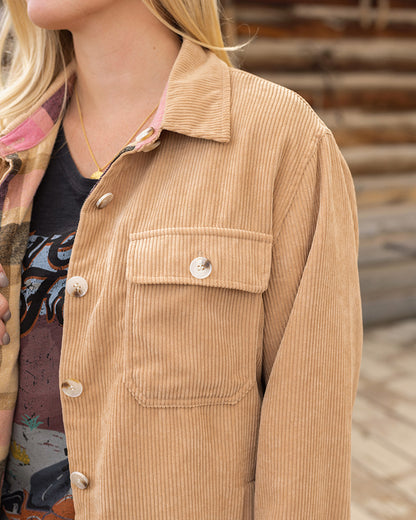 Reversible Corduroy Shacket in Camel/Pink Plaid