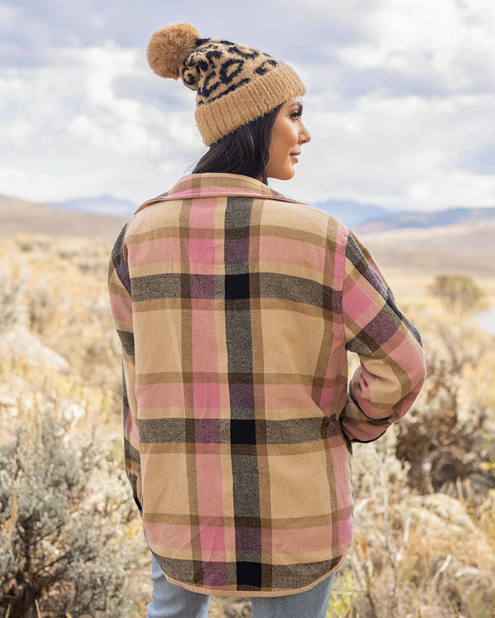 Reversible Corduroy Shacket in Camel/Pink Plaid