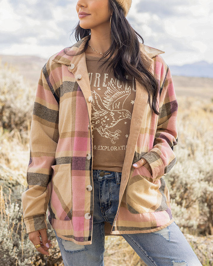 Reversible Corduroy Shacket in Camel/Pink Plaid