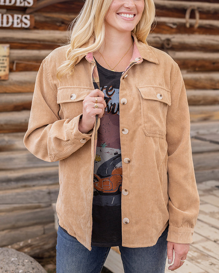 Reversible Corduroy Shacket in Camel/Pink Plaid