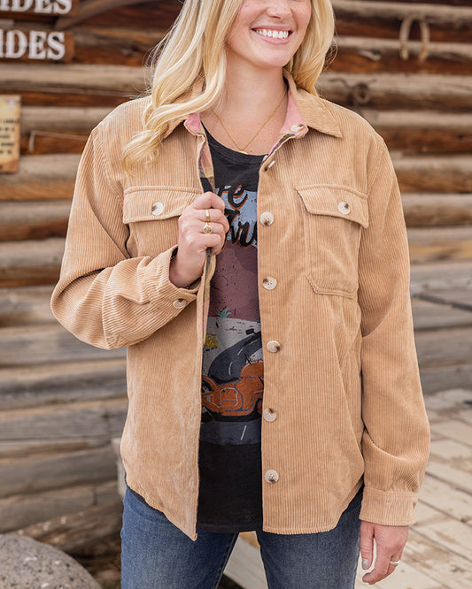 Reversible Corduroy Shacket in Camel/Pink Plaid