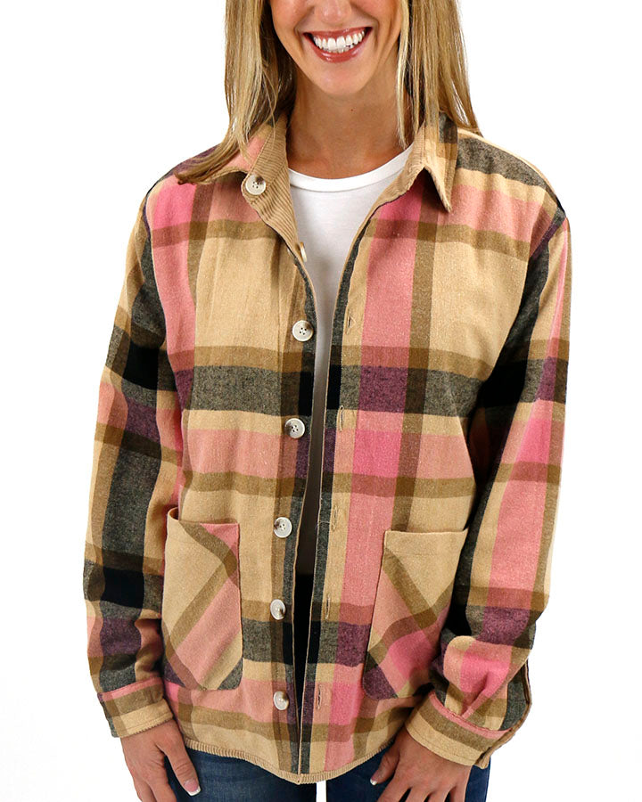 Reversible Corduroy Shacket in Camel/Pink Plaid