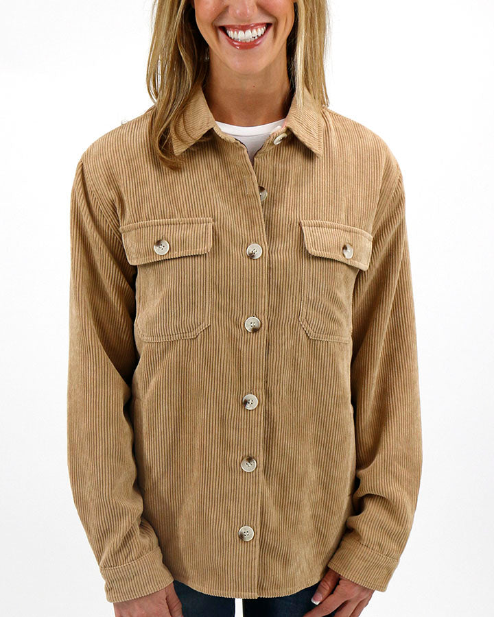 Reversible Corduroy Shacket in Camel/Pink Plaid