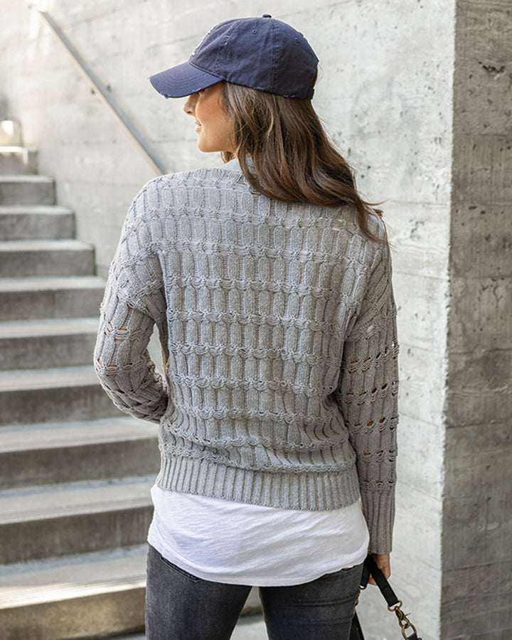 Skip Stitch Cabled Button Sweater in Heathered Grey