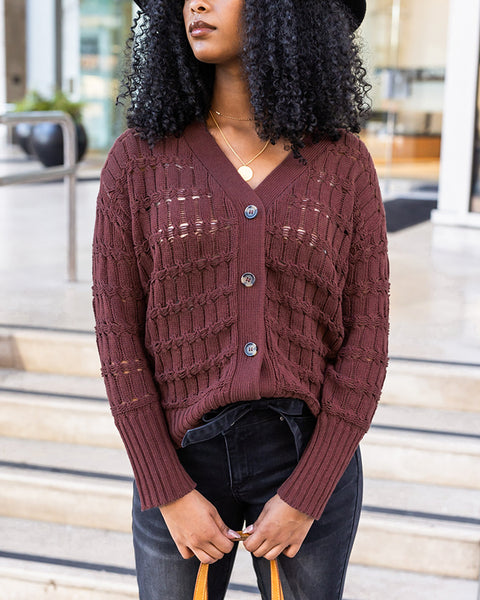 Skip stitch cabled button sweater in raisin Grace and Lace