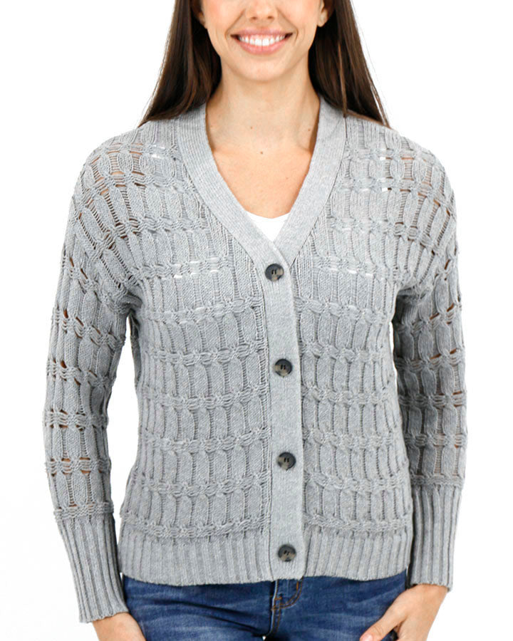 Skip Stitch Cabled Button Sweater in Heathered Grey