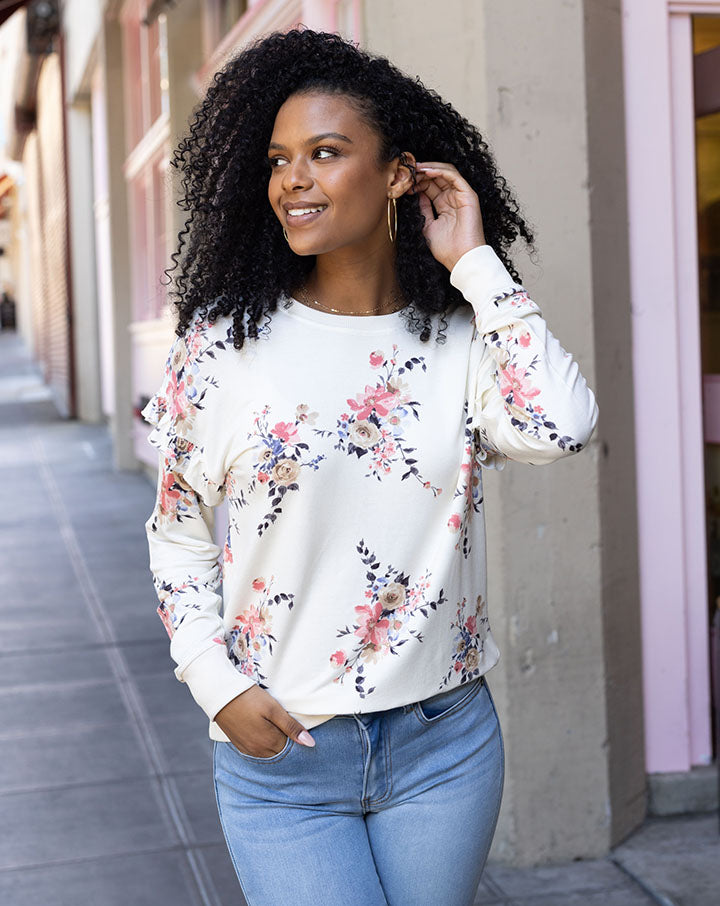 So Soft Ruffle Sleeve Pullover in Vintage Floral - FINAL SALE