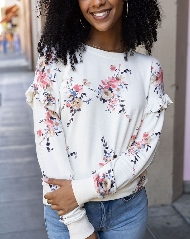 So Soft Ruffle Sleeve Pullover in Vintage Floral - FINAL SALE