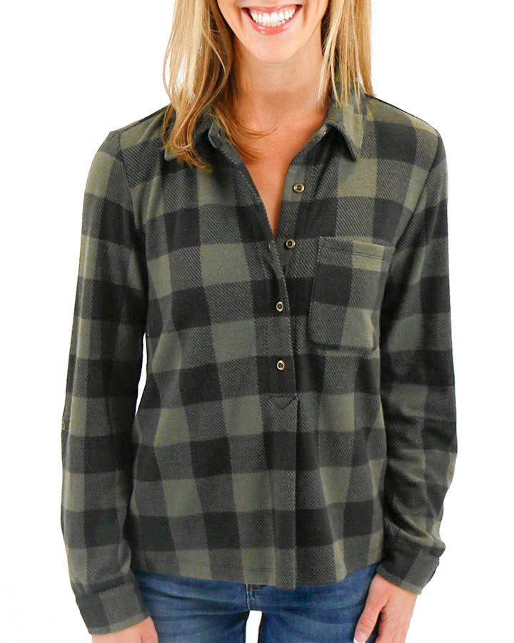 Stretchy Olive Plaid Henley Top