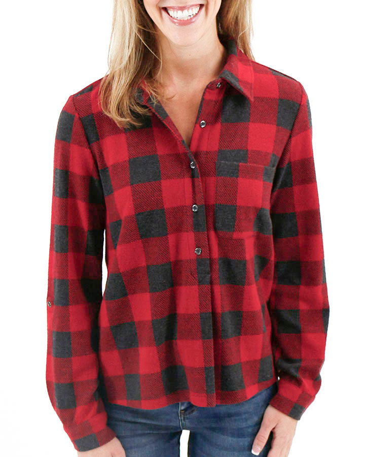 Stretchy Plaid Henley Top in Red Buffalo Check