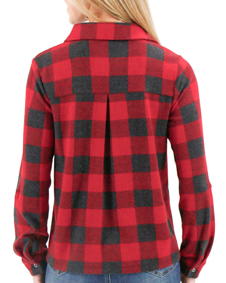 Stretchy Plaid Henley Top in Red Buffalo Check
