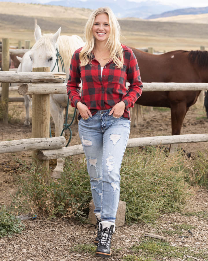 Stretchy Plaid Henley Top in Red Buffalo Check