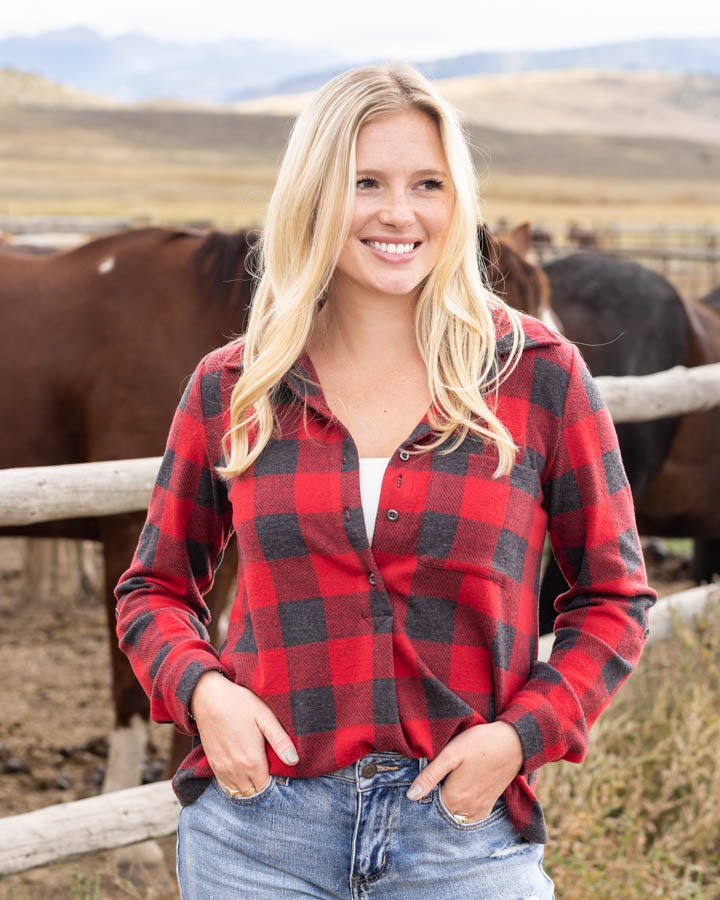 Stretchy Plaid Henley Top in Red Buffalo Check - Grace and Lace
