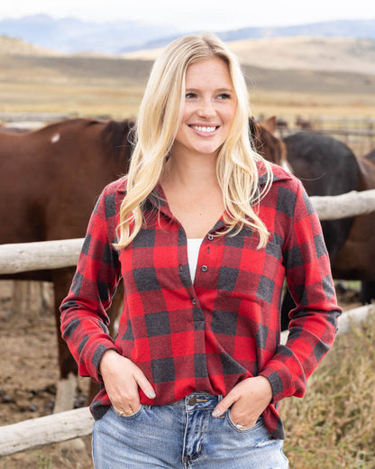 Stretchy Plaid Henley Top in Red Buffalo Check - FINAL SALE