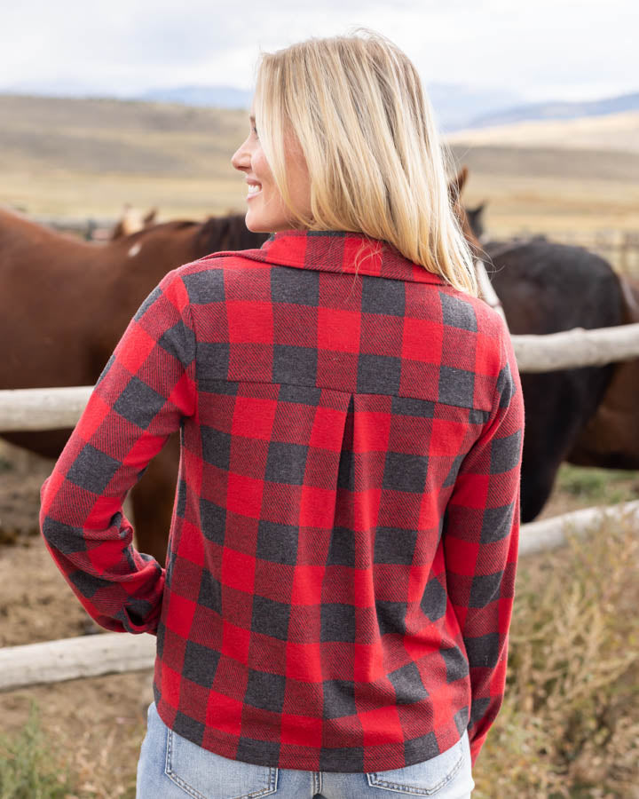 Stretchy Plaid Henley Top in Red Buffalo Check