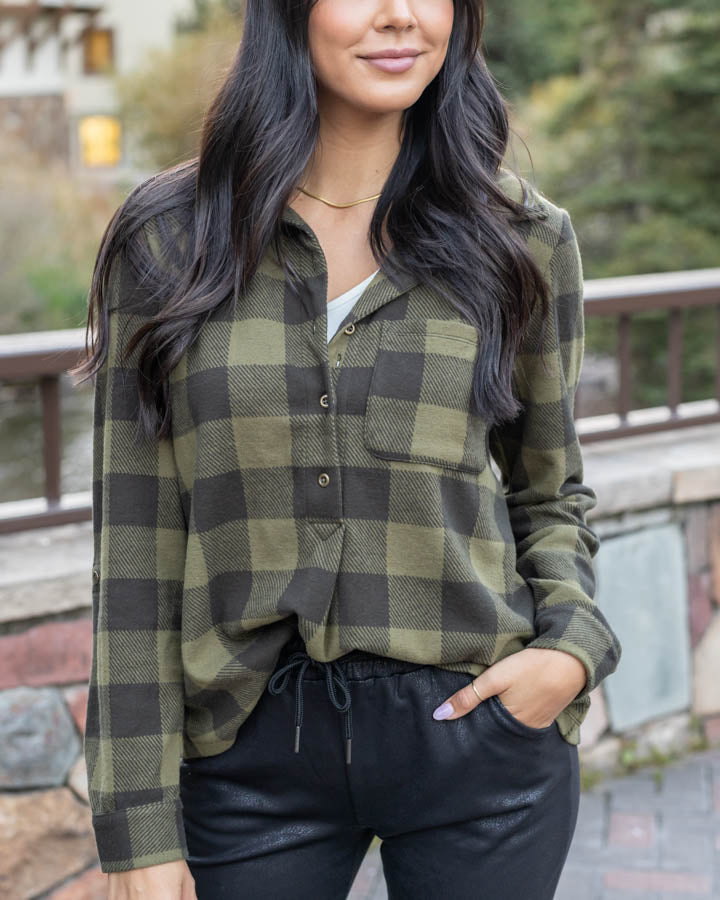 Stretchy Olive Plaid Henley Top