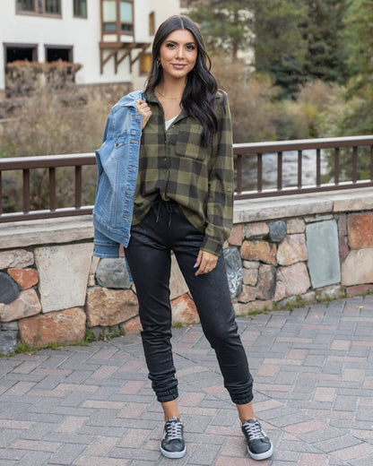 Stretchy Olive Plaid Henley Top - FINAL SALE