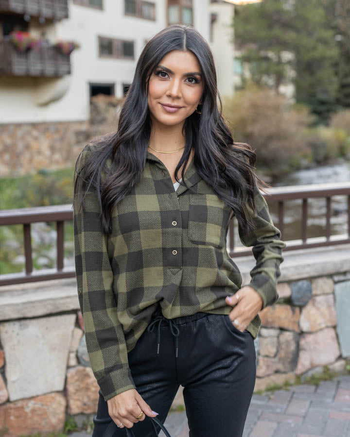 Stretchy Olive Plaid Henley Top - FINAL SALE