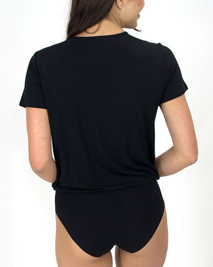 Surplice Tummy Support Bodysuit in Black - FINAL SALE