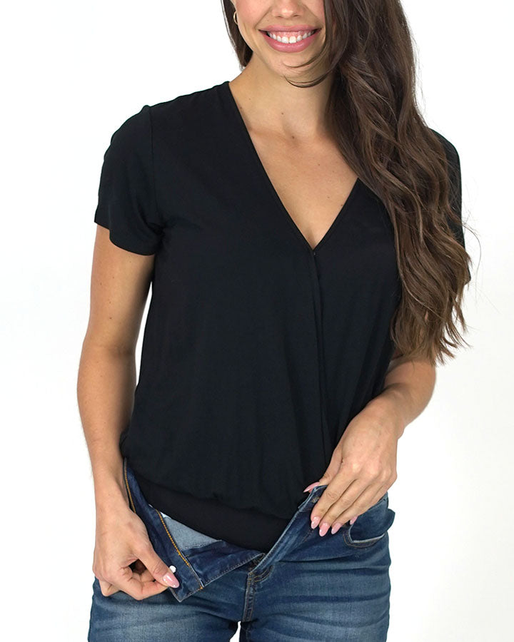 Surplice Tummy Support Bodysuit in Black