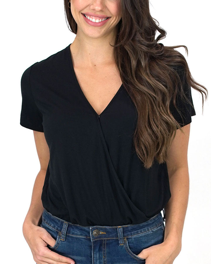 Surplice Tummy Support Bodysuit in Black