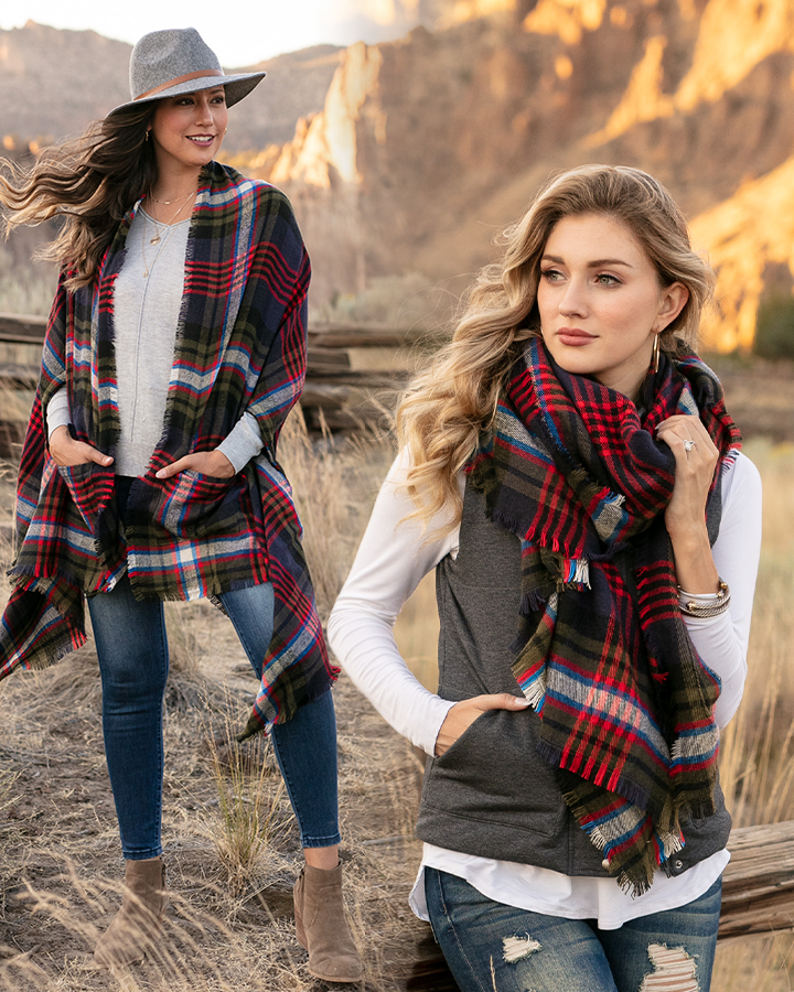 Pocket Poncho/Scarf in Olive/Navy Tartan